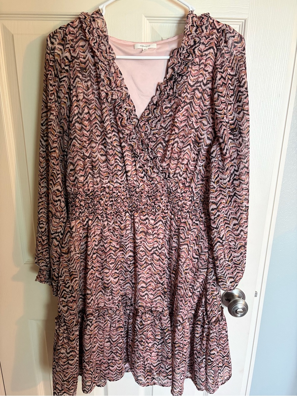 Maurices Pink and Black Ruffle V-Neck Long Sleeve Dress